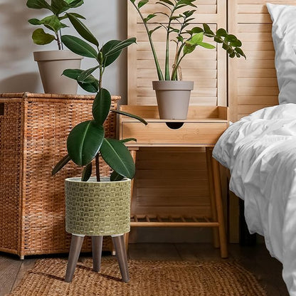 D'vine Dev 8 Inch Modern Geometric Tile Patterned Sleek Planter Pot with Stand, Indoor Outdoor Decorative Plant Holder, Distressed Olive, 88-Z-A-4