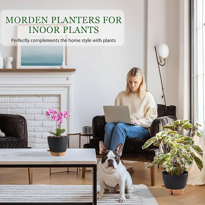 Self Watering Pots for Inoor Ourdoor Plants 10/9/8/7/6.5 Inch Plastic Planters with Drainage Holes & Water Level Indicator, Decorative House Flower Nursery Planting Pots with Saucers (Black)