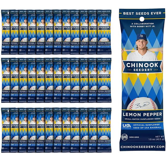Chinook Seedery Low Sodium Sunflower Seeds – Lemon Pepper Flavor, Pack of 36, 1.5oz – Sunflower Seeds to Eat – Keto, Jumbo, Roasted, Baseball Snacks