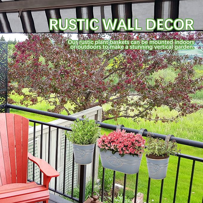 PerGar Vintage Metal Iron Wall Hanging Flower Pots, Rustic Planter Bucket Herb Flower Plant Holder with Detachable Hooks & Drainage Hole for Railing Fence Balcony Deck Garden Home Decoration, Set of 3