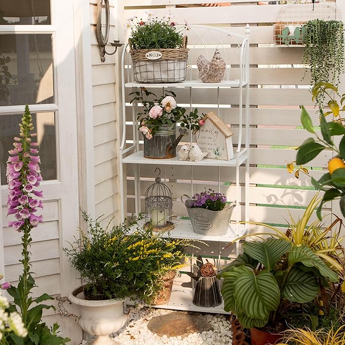 White 4-Tier Plant Stand with French Style Pattern, Indoor Outdoor Flower Shelf for Balcony Patio, Vintage Garden Decor with Lattice Design Plant Holder