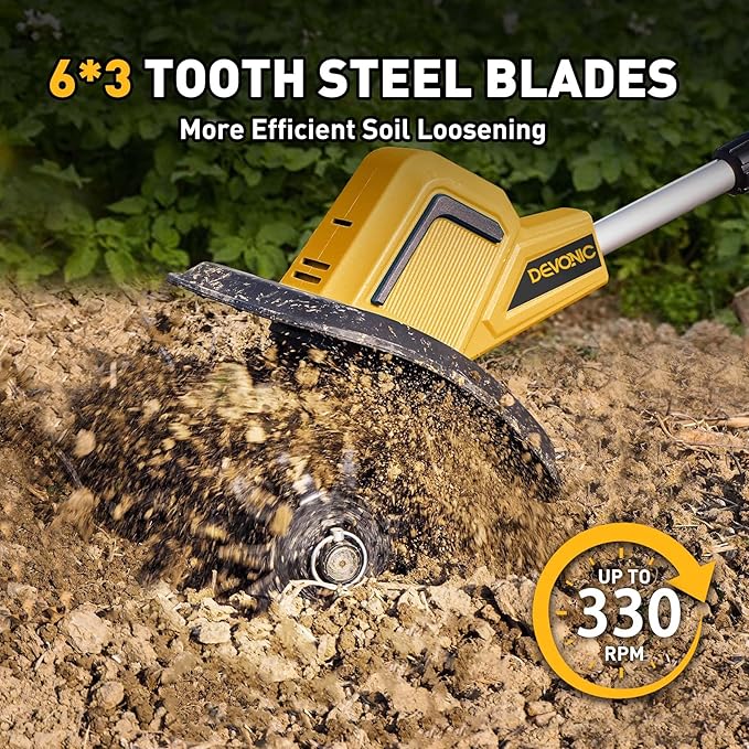 DEVONIC Cordless Electric Garden Tiller,330RPM Electric Garden Tiller, 8 in Tilling Width and 6 in Depth Garden Rototiller for Lawn/Gardening/Soil Cultivation (Without Battery)