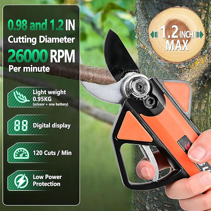 Cordless Electric Pruning Shears with LCD Display, 16.8V Brushless Motor, 1.2" Adjustable Cutting Diameter, 2×2600mAh Rechargeable Batteries, SK5 Rust-Resistant Blade, Garden Tree Branch Cutter