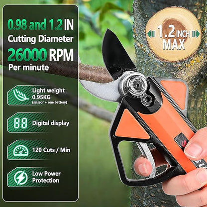 Cordless Electric Pruning Shears with LCD Display, 16.8V Brushless Motor, 1.2" Adjustable Cutting Diameter, 2×2600mAh Rechargeable Batteries, SK5 Rust-Resistant Blade, Garden Tree Branch Cutter
