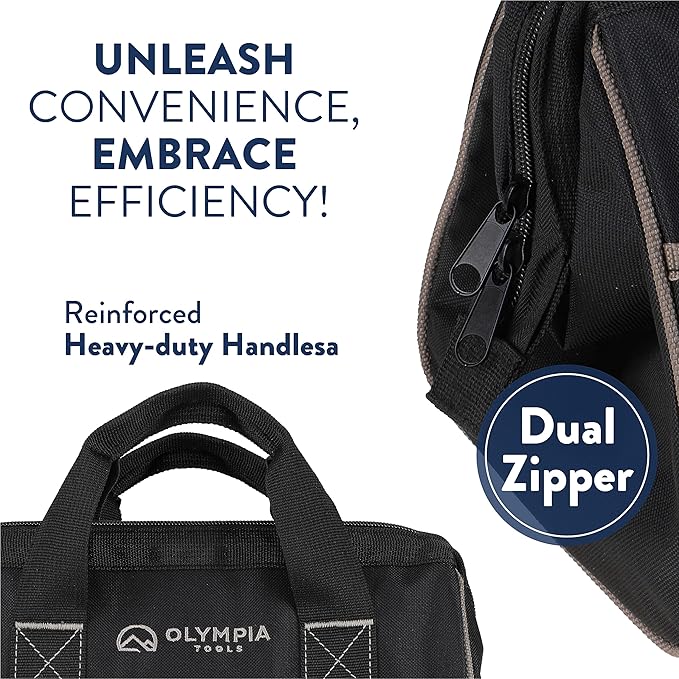 Olympia Tools Tool Bag 12 Inch, Heavy Duty Tools Bag with 3 Large Pockets, Adjustable Shouder Straps and 600D Reinforced Material