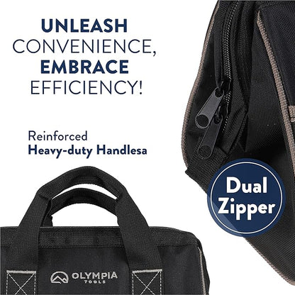 Olympia Tools Tool Bag 12 Inch, Heavy Duty Tools Bag with 3 Large Pockets, Adjustable Shouder Straps and 600D Reinforced Material