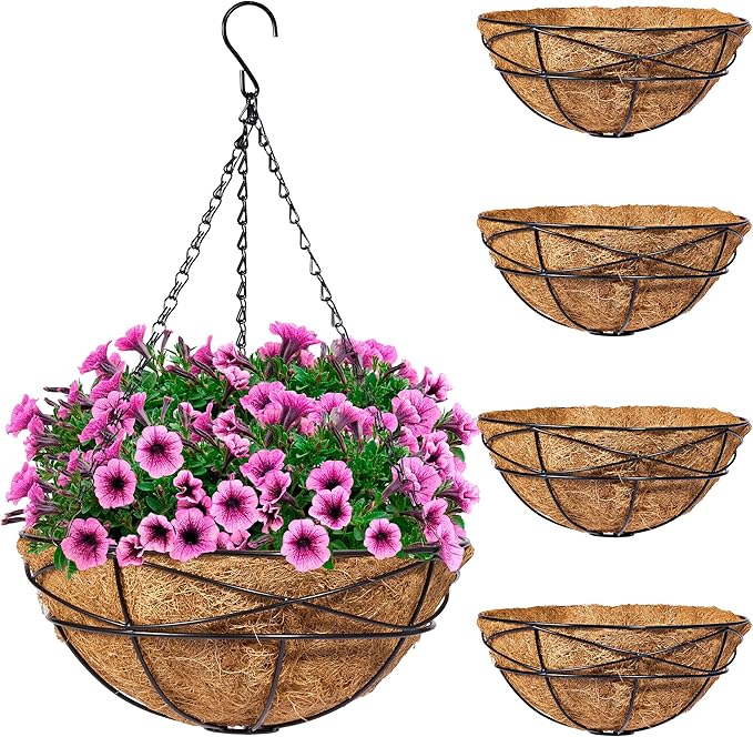 Sorbus 4 Pack Metal Hanging Planter Basket Huge 12 Inch Hanging Flower Pot Basket & Coco Coir Liner for Indoor/Outdoor Garden Décor, Perfect for Home, Garden, Patio, Deck (Black)
