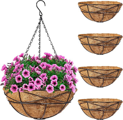 Sorbus 4 Pack Metal Hanging Planter Basket Huge 12 Inch Hanging Flower Pot Basket & Coco Coir Liner for Indoor/Outdoor Garden Décor, Perfect for Home, Garden, Patio, Deck (Black)