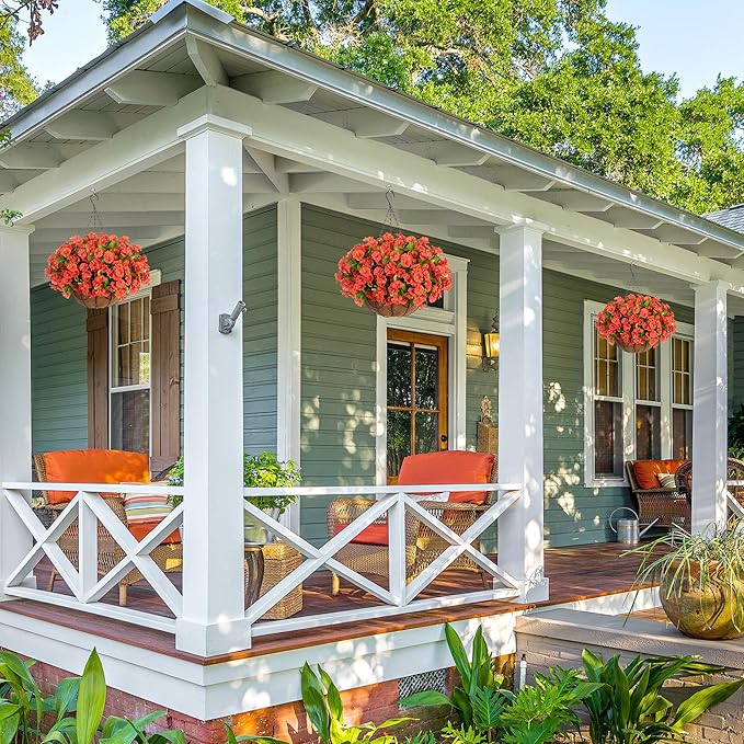 Artificial Fall Hanging Flower Plants with Basket for Summer Autumn Outdoor Decoration, Faux Petunias Flowers Fake Morning Glories Planter for Outside Patio Garden Porch Balcony Yard Decor(Orange)