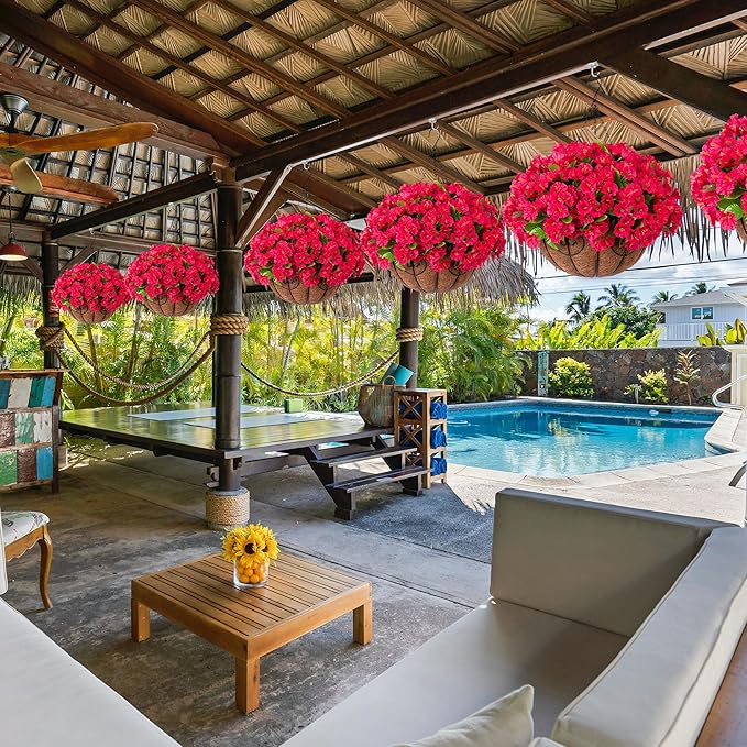 Artificial Hanging Flower Plants with Basket for Outdoor Decoration, Faux Petunias Flowers Fake Morning Glory Planter for Outside Patio Garden Porch Balcony Yard Decor(Rose Red)