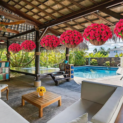 Artificial Hanging Flower Plants with Basket for Outdoor Decoration, Faux Petunias Flowers Fake Morning Glory Planter for Outside Patio Garden Porch Balcony Yard Decor(Rose Red)