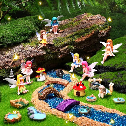 Unittype 22 Pcs Flower Fairy Gnome Accessories Garden Outdoor Miniature Bridge Mushroom Lighthouse Water Well Pond Resin Figures Garden Decorations Miniature Figurines for Craft (Flower Fairy)