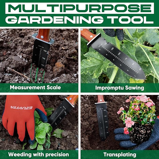 Hori Hori Garden Knife, Gardening Tools with Leather Sheath for Weeding, Gardening, Digging, 7” Stainless Steel Blade with Black Electrophoresis Coating, Double Cutting Edge, Full Tang Wood Handle with Hanging Hole