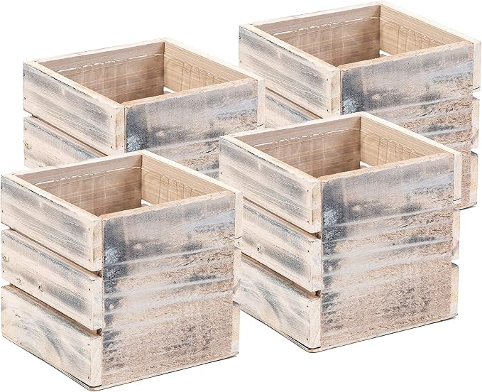 Wood Planter Box with Wine Crate Styled, 5 Inch Square, Whitewash, Plastic Liner, Garden Centerpiece Display, Wedding Flowers Holder, Home and Venue Decor (5x5 Wine Crate Set of 4, Whitewash)