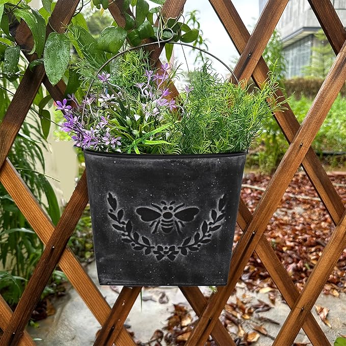 CVHOMEDECO. Farmhouse Wall Mount Metal Flower Pots Rustic Galvanized Bee Flower Holder Wall Hanging Pocket Planter for Indoor, Outdoor and Wall Decor, Set of 2 (Matt Black)