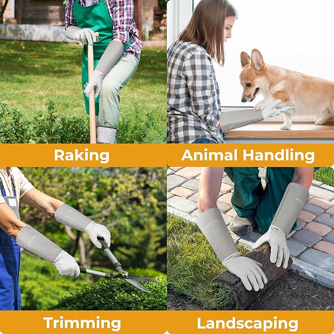 HANDLANDY Long Gardening Gloves for Men Women, Thorn Proof Rose Pruning Leather Garden Yard Gauntlet Glove, Gardening Gifts