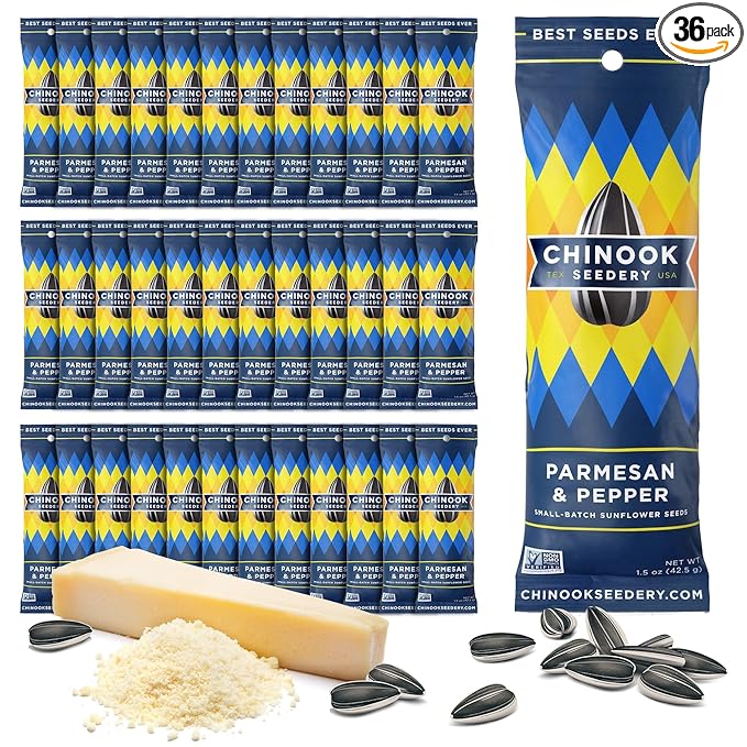 Chinook Seedery Low Sodium Sunflower Seeds – Parmesan & Pepper Flavor, Pack of 36, 1.5oz – Sunflower Seeds to Eat – Keto, Jumbo, Roasted, Baseball Snacks