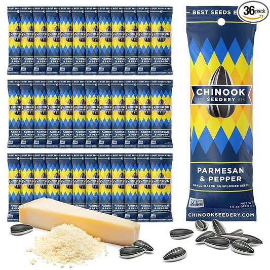 Chinook Seedery Low Sodium Sunflower Seeds – Parmesan & Pepper Flavor, Pack of 36, 1.5oz – Sunflower Seeds to Eat – Keto, Jumbo, Roasted, Baseball Snacks