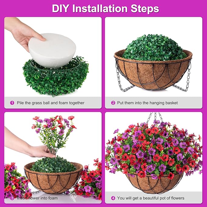 Artificial Silk Flowers Hanging Basket for Outdoor Indoor, Daisy with Eucalyptus Leaves Arrangement for Garden Yard Spring Summer Decor, Faux Green Plant in Metal Coconut Lining Pot(Red Purple)
