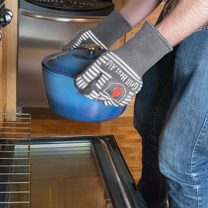 GRILL HEAT AID BBQ Grill Gloves Heat Proof for Grilling – Fireproof 1472°F Heat-Resistant Grill Mitts for Outdoor Barbecue and Smoker, Campfire, Fire Pit, Oven Glove with Fingers for Baking Pizza