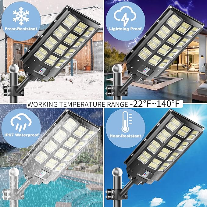 Solar Street Light, 8000W 7000K 480000LM 1152pcs LED Solar Parking Lot Lights Dusk to Dawn, Solar Flood Light Wide Angle Motion Sensor and Remote Control for Area Lighting Yard 2-Pack