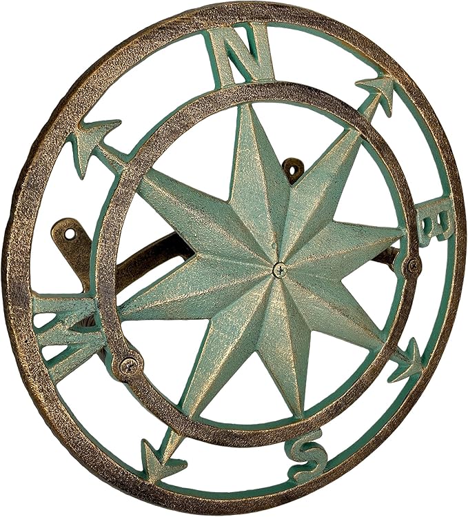 Verdigris Green Finish Cast Iron Nautical Compass Rose Wall Mounted Decorative Hanging Garden Hose Hanger - Hose Holder Organizer for Outdoor Spaces - 12 Inches in Diameter