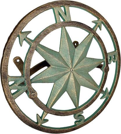Verdigris Green Finish Cast Iron Nautical Compass Rose Wall Mounted Decorative Hanging Garden Hose Hanger - Hose Holder Organizer for Outdoor Spaces - 12 Inches in Diameter
