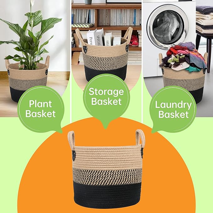 14"x12" Natural Jute Rope Woven Storage Basket with Handles for Plant, Blankets,Toys - Living Room Home Decor,Multifunctional Basket for Organizer,Picnic,Artificial Tree Black and Beige