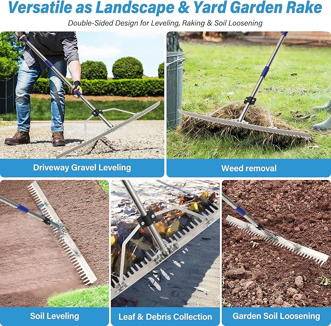 Aluminum Landscape & Lake Rake, 31'' Wide Heavy Duty Rakes for Gravel Driveway Leveling,Soil Loosening,Aquatic Weed,Algae Removal, Long Handle Landscaping Tool for Beach, Garden & Lawn Yard Cleaning