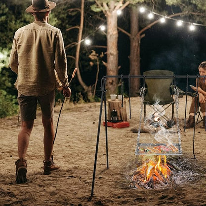 REDCAMP Swing Outdoor Campfire Grill Stand - Collapsible Campfire Cooking Rack with 6 Hooks & Stainless Steel Grill Grate, Portable Dutch Oven Hanger for Camping, Cookware, Bonfire, Rectangle