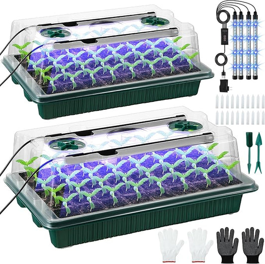 Saillong 2 Pack Seed Starter Tray with Grow Light, 80 Cells Indoor Greenhouse Kit, 360° Full Spectrum LED, Smart Timer, 5 Brightness Levels Indoor Plant Starter Kit for Home Gardeners