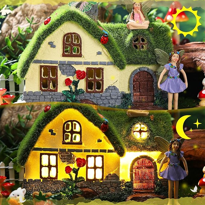 Suzile 50 Pcs Solar Fairy House Garden Accessories Light up Flocked Fairy Figures Garden Kit Green Resin Miniature Mushroom Figures Micro Landscape Ornament (Stone Grass House)