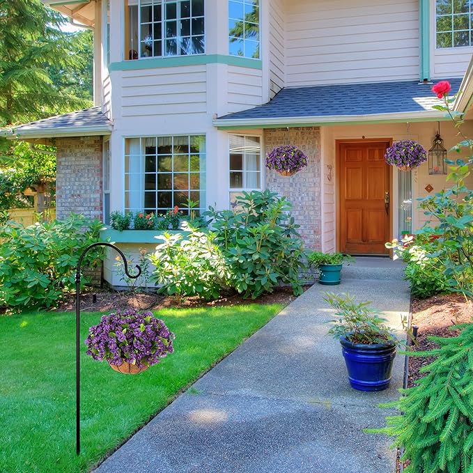 Artificial Hanging Flower Plants with Basket for Spring Summer Outdoor Decoration, Faux Petunias Flowers Fake Morning Glories Planter for Outside Patio Garden Porch Balcony Yard Decor(Purple)