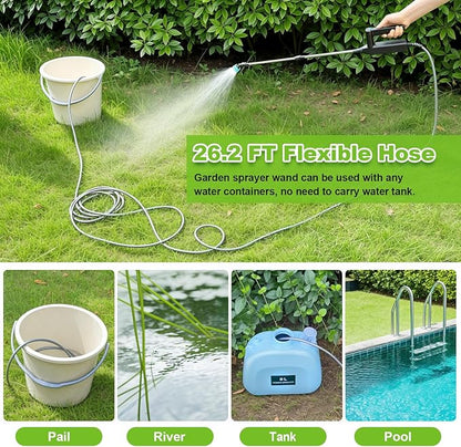 Battery Powered Sprayer Wand, 32 Inch Garden Sprayer Telescopic Wand with 3 Adjustable Speeds, Battery Indicator, 26.2 FT Hose, 7.4V Rechargeable Water Sprayer Wand with 4 Adjustable Nozzles & Filter