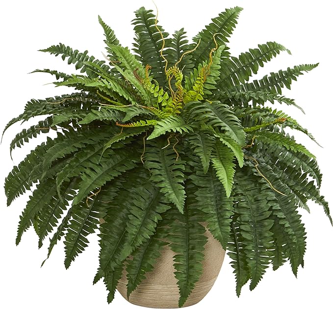 Nearly Natural 22" Boston Fern Artificial Plant In Sandstone Planter, Green
