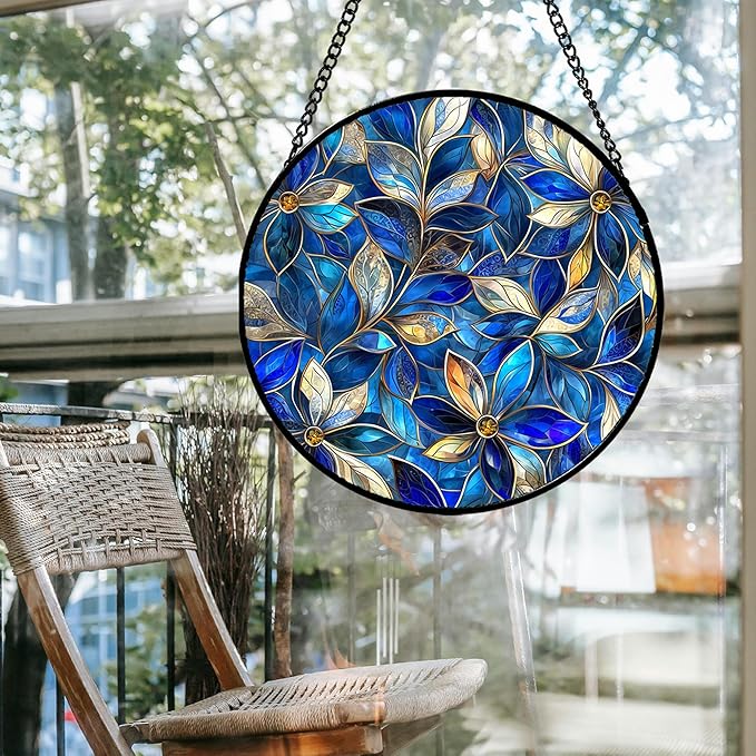 Stained Glass Window Hanging - Blue Gold Abstract Flowers Suncatcher for Door Terrace Garden Home Decor, Plant Sun Catcher Birthday Gifts for Lovers Women Men Dad Mom Nana 11.8 in