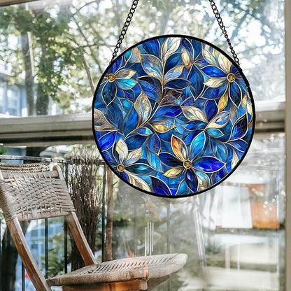Stained Glass Window Hanging - Blue Gold Abstract Flowers Suncatcher for Door Terrace Garden Home Decor, Plant Sun Catcher Birthday Gifts for Lovers Women Men Dad Mom Nana 11.8 in