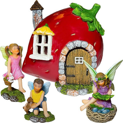 Mood Lab Fairy Garden - Fairy Strawberry House Set of 4 pcs - Miniature Figurines & Accessories - Outdoor & House Decor