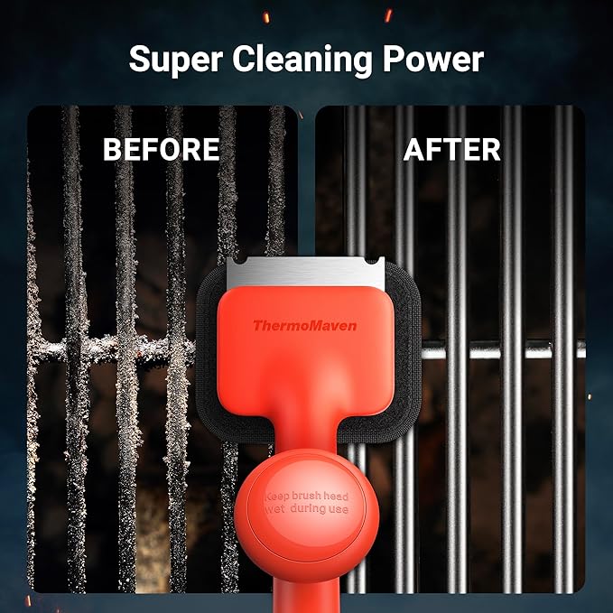 ThermoMaven BBQ Grill Brush Bristle Free - 17" Safe Steam Grill Cleaner Brush with Scraper and 3 Brush Heads for Porcelain/Gas/Charcoal Grill Outdoor Grill Barbecue Cleaner