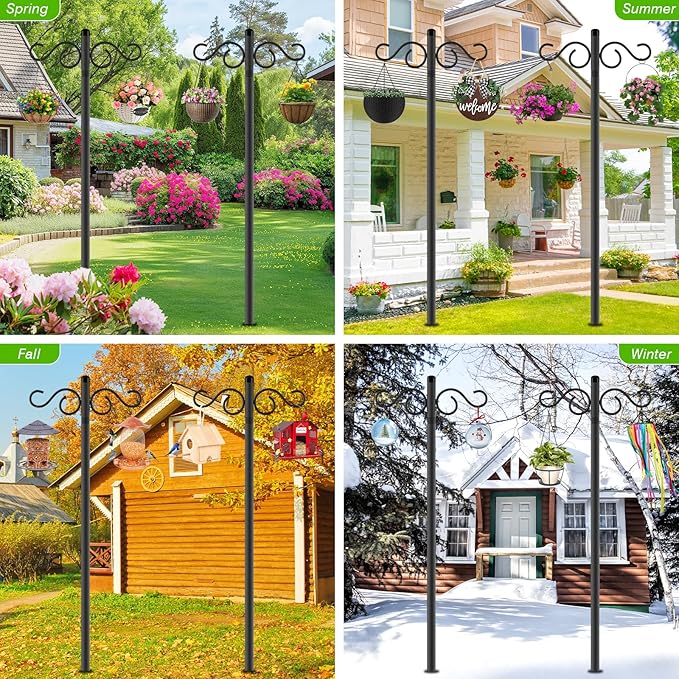 Double Shepherds Hooks for Outdoor,2 Pack 70 Inch Bird Feeder Pole with 5 Prongs Base,Heavy Duty Shepherds Hook,Suitable for Garden in Hanging Flower Basket,Lantern,Bird Nests (2 Pack 70 inch)