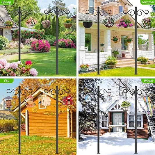 Double Shepherds Hooks for Outdoor,2 Pack 70 Inch Bird Feeder Pole with 5 Prongs Base,Heavy Duty Shepherds Hook,Suitable for Garden in Hanging Flower Basket,Lantern,Bird Nests (2 Pack 70 inch)