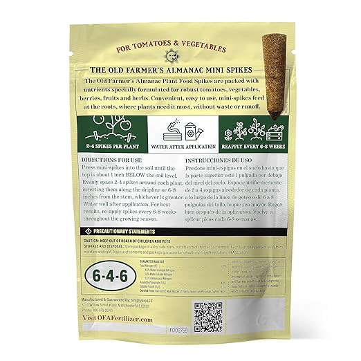 The Old Farmer's Almanac Tomato & Vegetable Plant Food Mini Spikes - NPK 6-4-6 for Continuous Feeding and Bountiful Harvests (72 Mini Spikes)