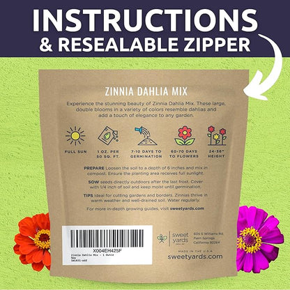 Zinnia Dahlia Mix - Large 1 Ounce Packet - 4,000 Flower Seeds for Planting - Zinnia elegans