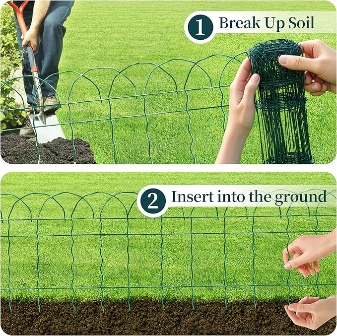 2 Rolls Green Garden Fence Border, 14 in x 40 ft Metal Folding Fence Wire Roll Garden Border Edging, Garden Fence Roll Flower Bed Fencing for Outdoor Yard