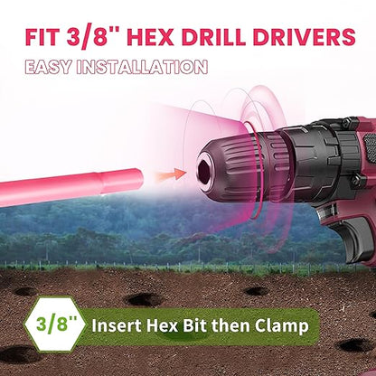 2x32 Inch Pink Long Handle Auger Drill Bit for Planting - Garden Tools Auger Drill Bit, Spiral Garden Auger for Planting Bulbs and Flowers