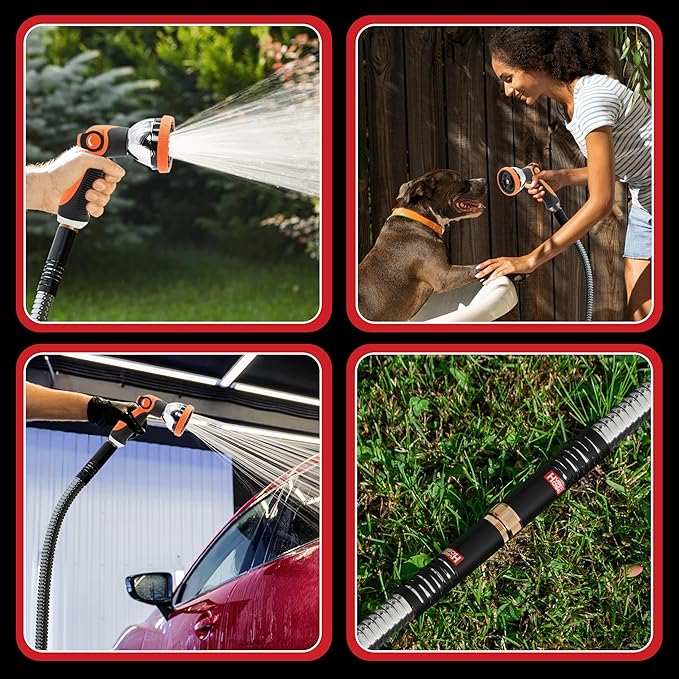 Best 100 ft Metal Garden Hose Set - No-Kink Durable 316 Stainless Steel, 10-Way Zync Spray Nozzle & Hook – Tough Flexible Heavy Duty Water Hoses, Naval Brass, Rust, Weather, LeakProof