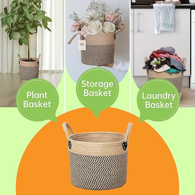 14"x12" Natural Jute Rope Woven Storage Basket with Handles for Plant, Blankets,Toys,Clothes,Shoes - Living Room Home Decor,Multifunctional Basket for Organizer,Picnic,Artificial Tree