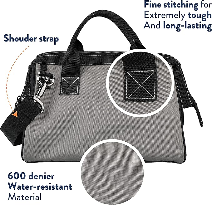 Olympia Tools Bag 12 Inch, Heavy Duty Tools Bag with 4 Large Pockets, Adjustable Shouder Straps and 600D Reinforced Material