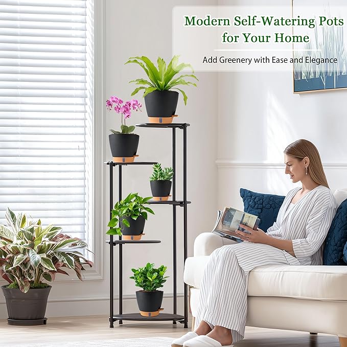 Self Watering Pots for Inoor Ourdoor Plants 8/7/6.5/6/5 Inch Plastic Planters with Drainage Holes & Water Level Indicator, Decorative House Flower Nursery Planting Pots with Saucers (Black)