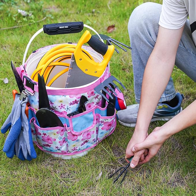 MELOTOUGH Bucket Caddy Organizer Bucket Tool Organizer for Garden Tools Fit 3.5 to 5 Gallon Bucket (Pink Flower)